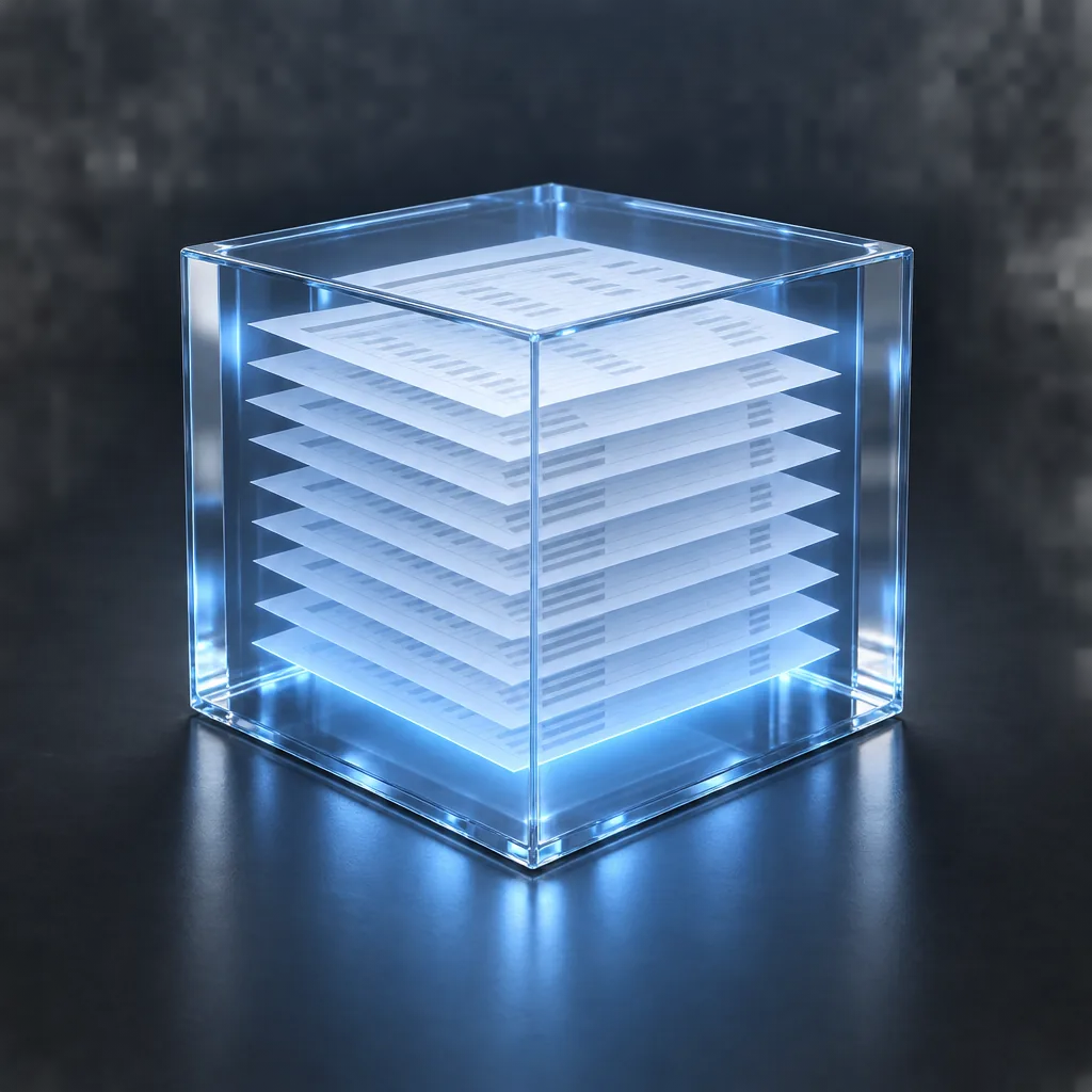 A glass cube holding a stack of data sheets